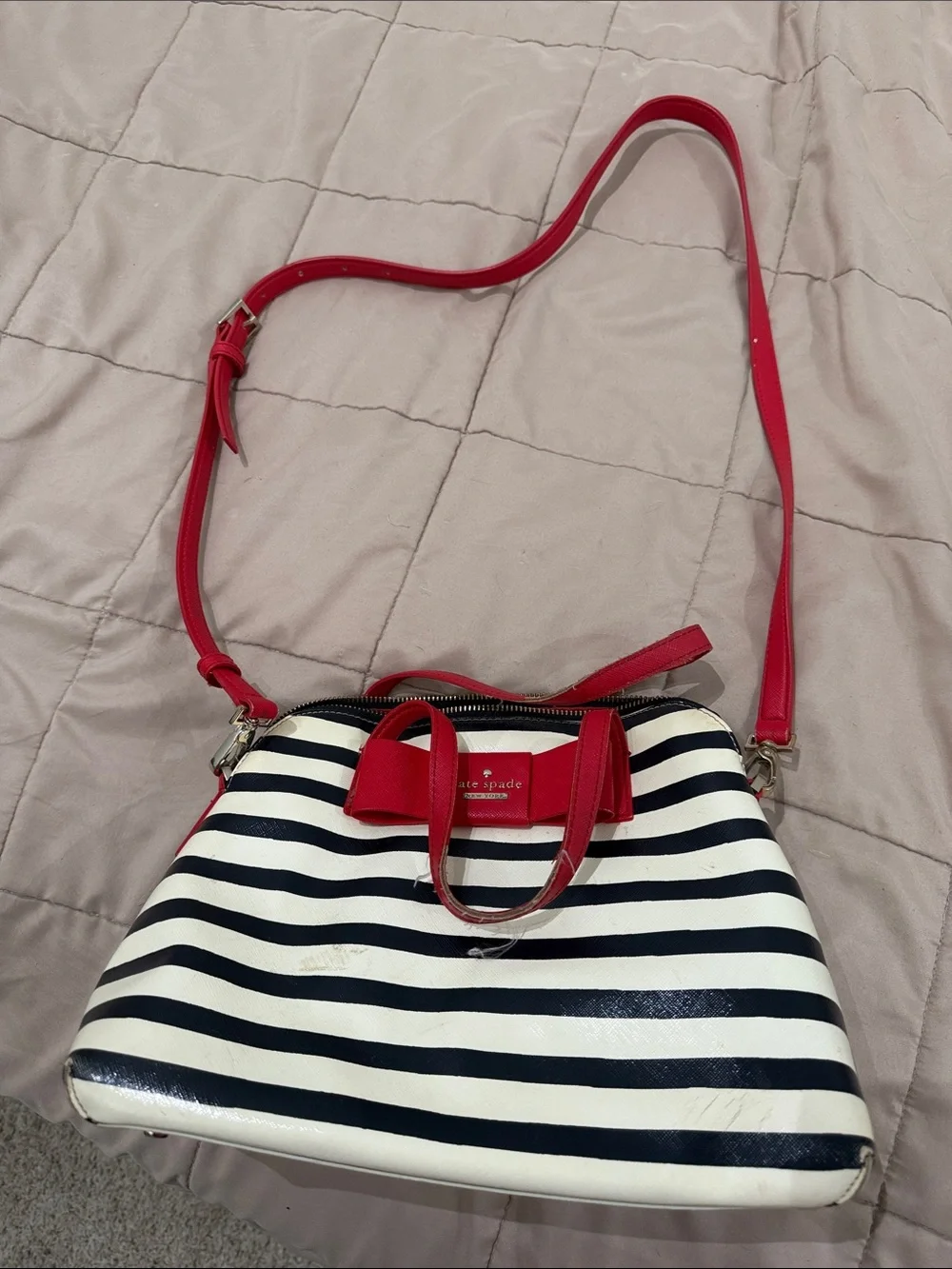 kate spade Navy and White Striped Satchel with Red Accents